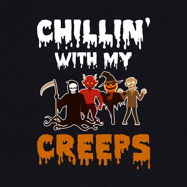 Chillin With My Creeps Death Devil Satan Pumpkin Scarecrow Zombie Halloween by foxmqpo